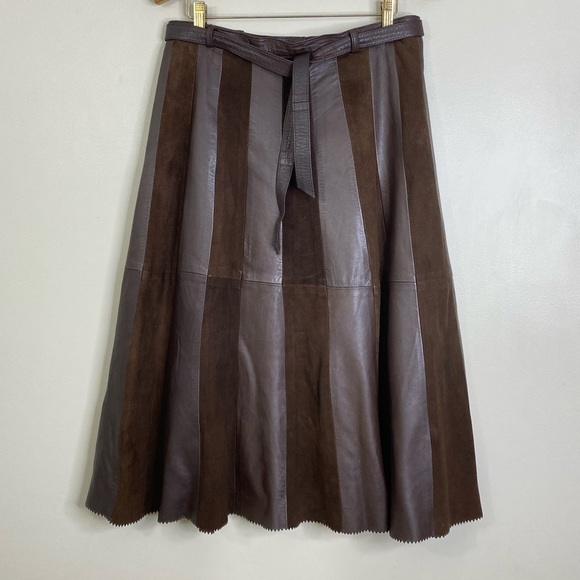 VINTAGE LEATHER SUEDE STRIPED ALINE SKIRT WITH MATCHING LEATHER TIE, ZIGZAG HEM - Picture 3 of 14